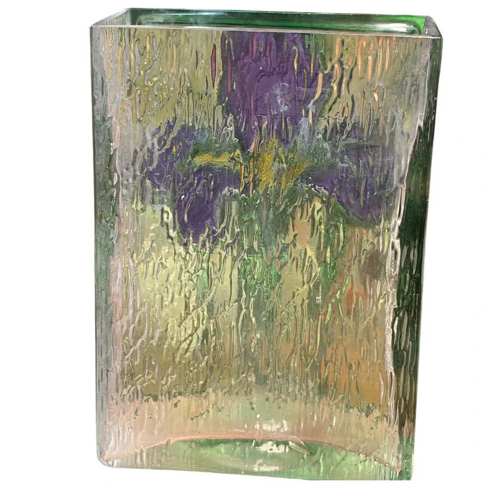 VTG FTDA Art Glass Vase 1985 Raised Relief Purple Iris Textured Bark Back 7 Inch